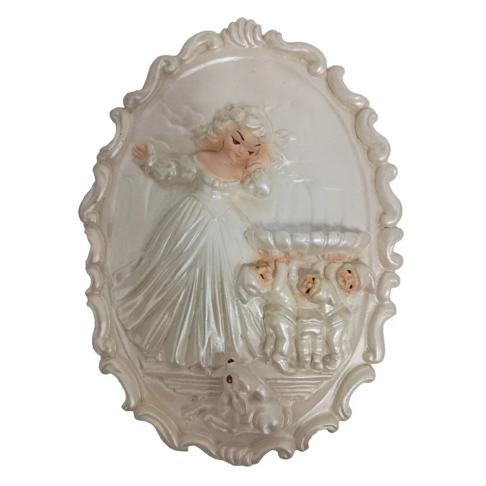 VTG Chalkware Pearlized 3D Wall Plaque Girl Cherubs & Deer Mid Century Modern